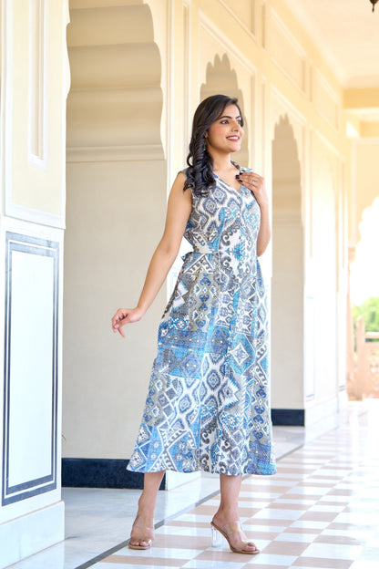 Women Off White Abstract Printed Sleeveless Midi Dress | LASVINI - Redefining Indian Fashion with Elegance