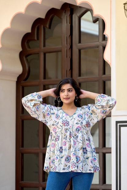 Women Off-White Printed V-Neck Peplum Tunic | LASVINI - Redefining Indian Fashion with Elegance