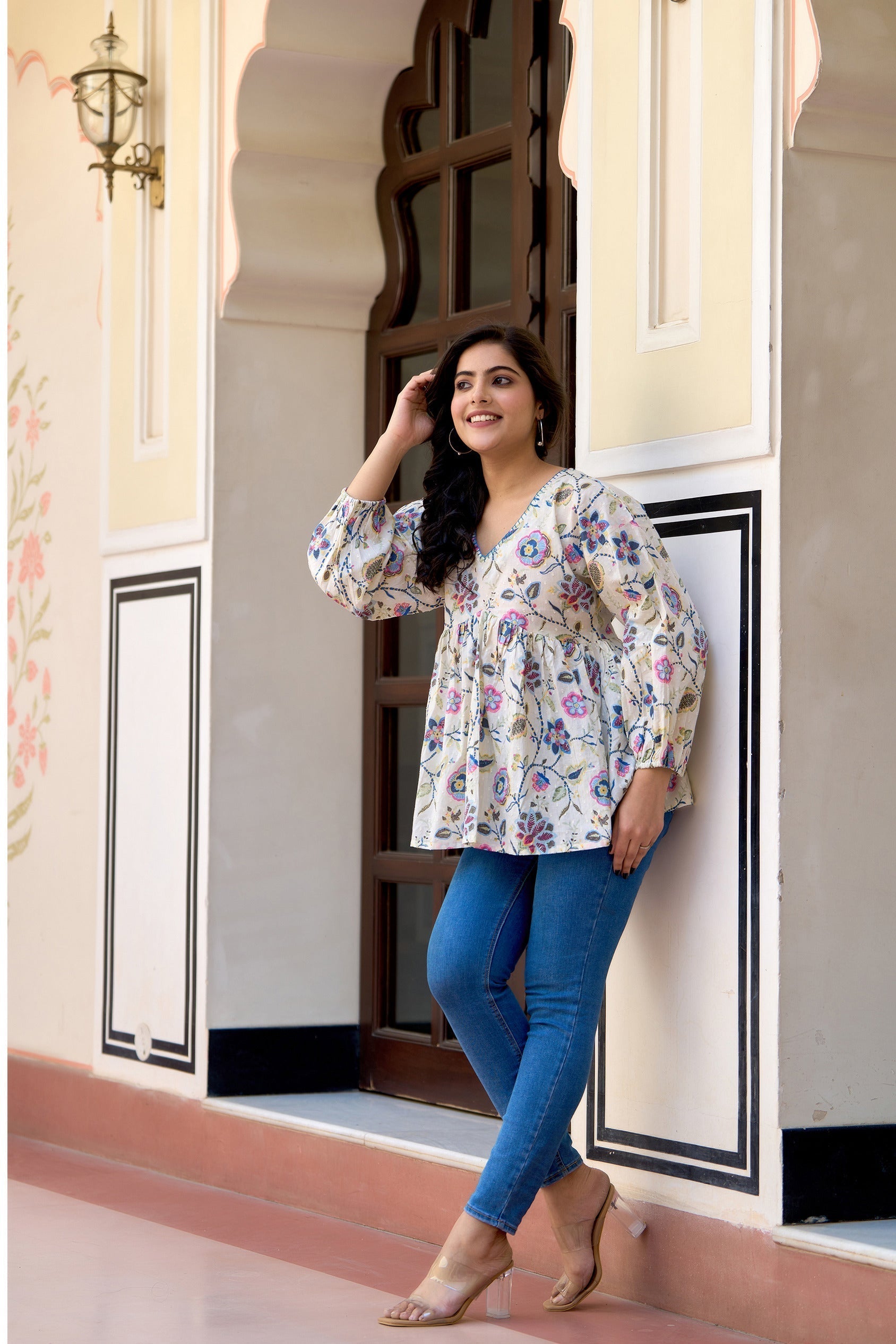 Women Off-White Printed V-Neck Peplum Tunic | LASVINI - Redefining Indian Fashion with Elegance