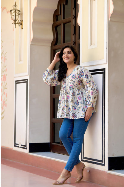 Women Off-White Printed V-Neck Peplum Tunic | LASVINI - Redefining Indian Fashion with Elegance