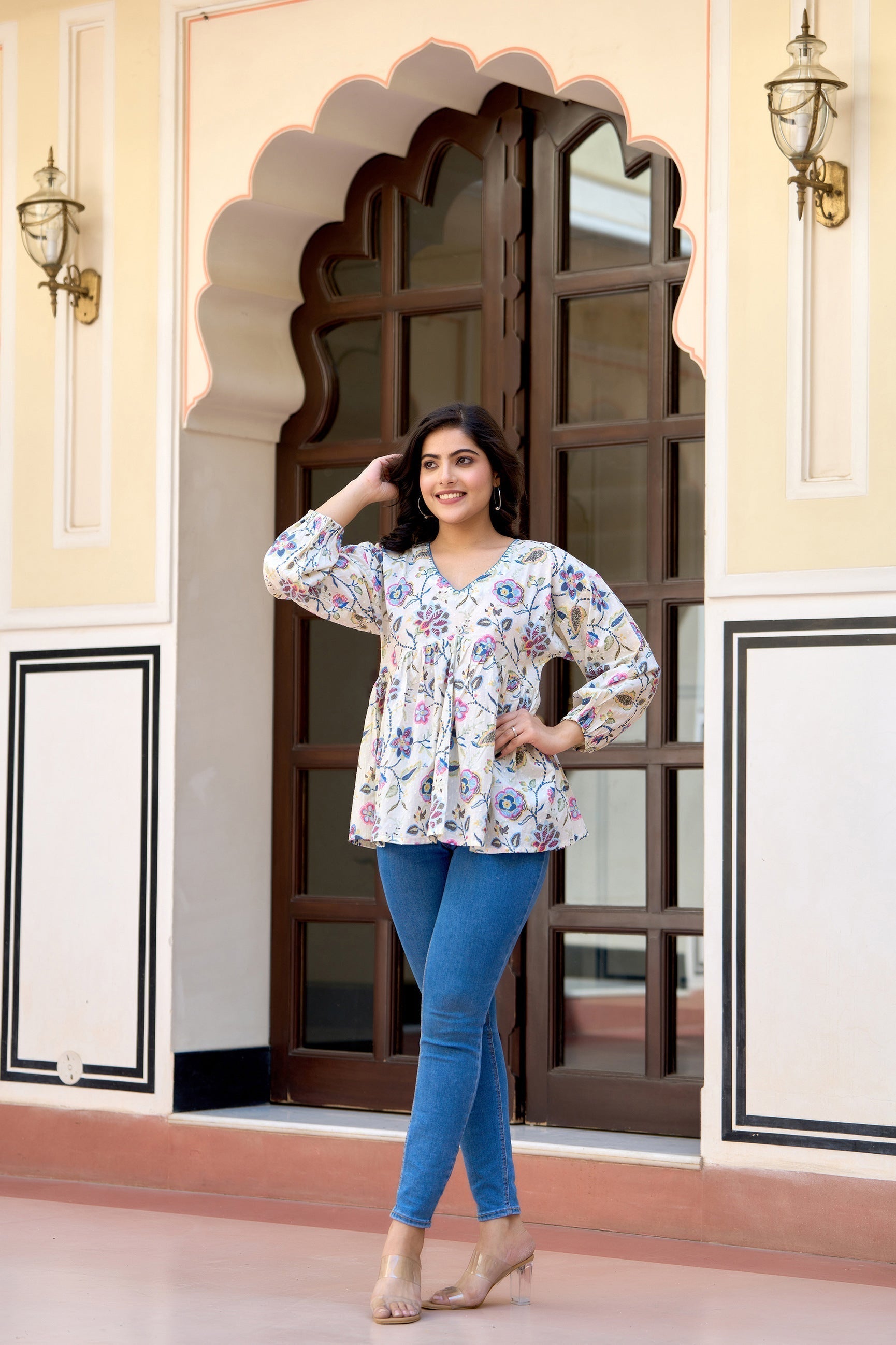 Women Off-White Printed V-Neck Peplum Tunic | LASVINI - Redefining Indian Fashion with Elegance