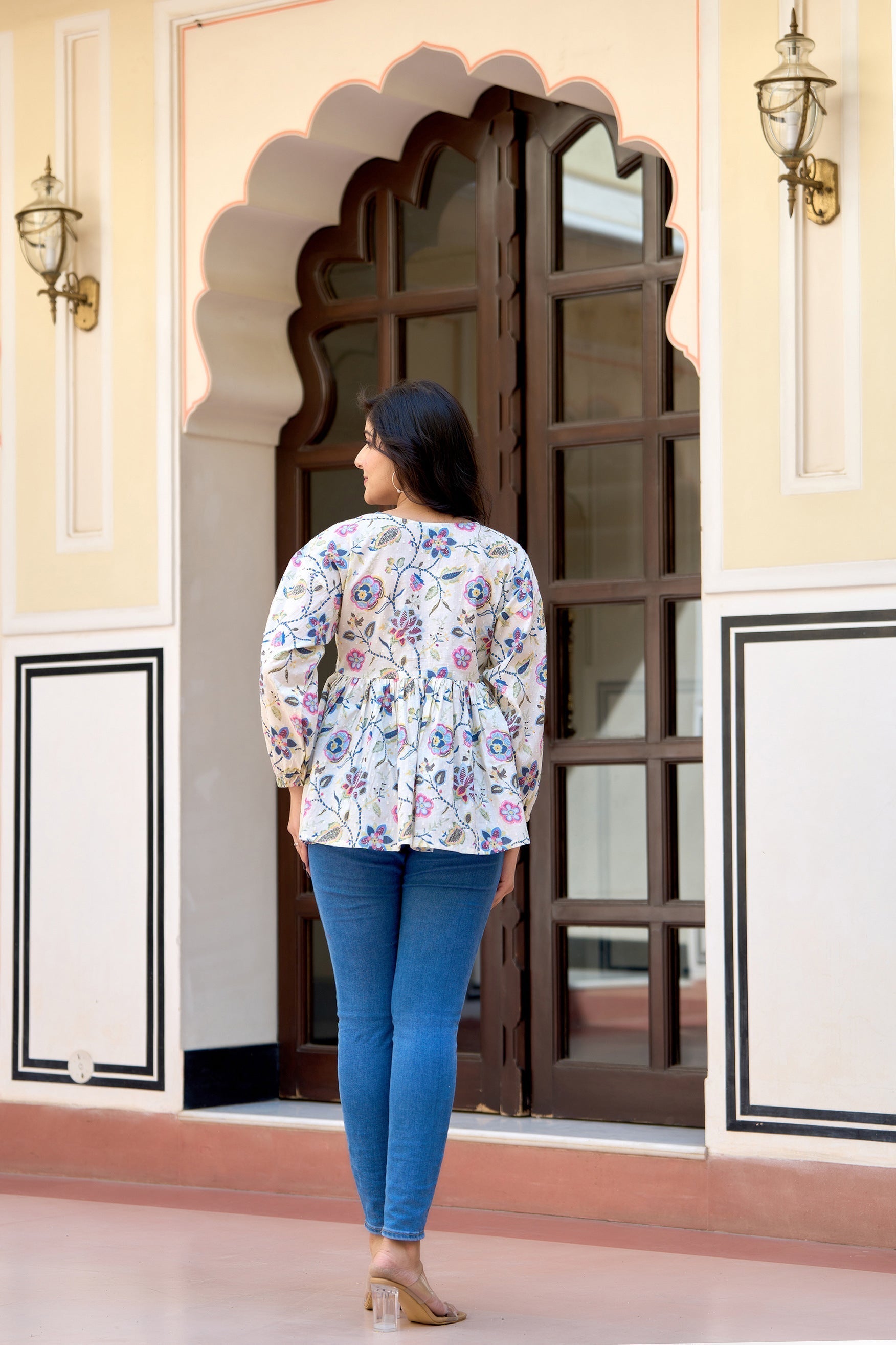 Women Off-White Printed V-Neck Peplum Tunic | LASVINI - Redefining Indian Fashion with Elegance