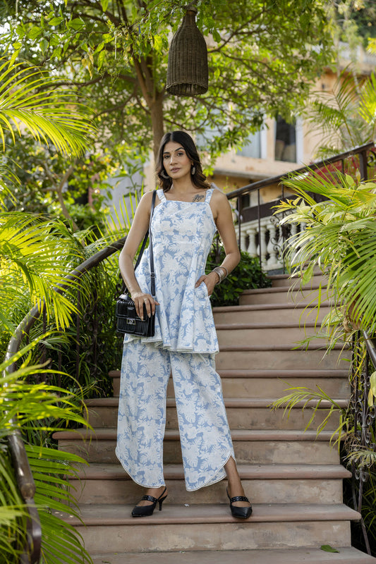 Women Blue Abstract Printed Peplum Top With Pant | LASVINI - Redefining Indian Fashion with Elegance