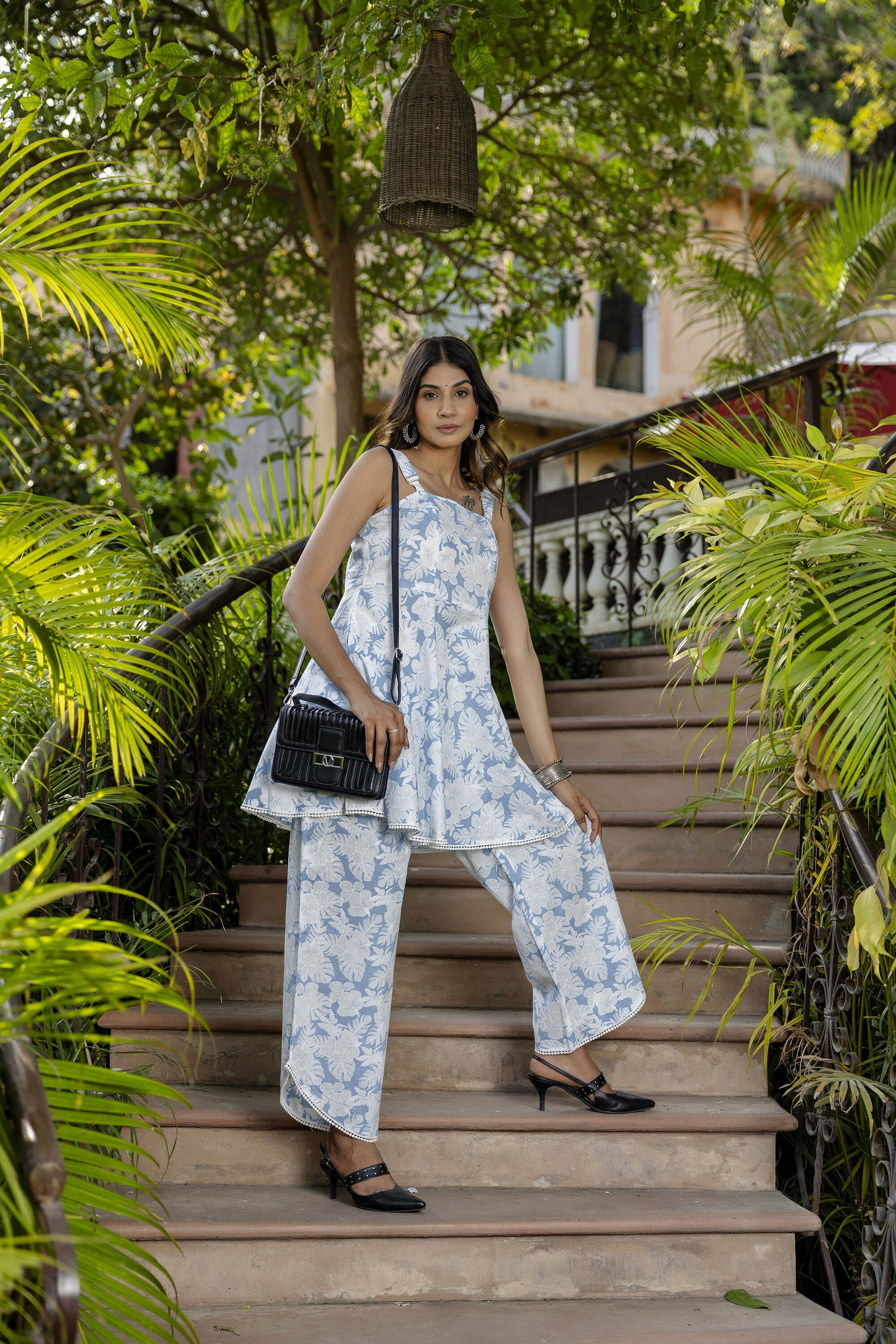 Women Blue Abstract Printed Peplum Top With Pant | LASVINI - Redefining Indian Fashion with Elegance