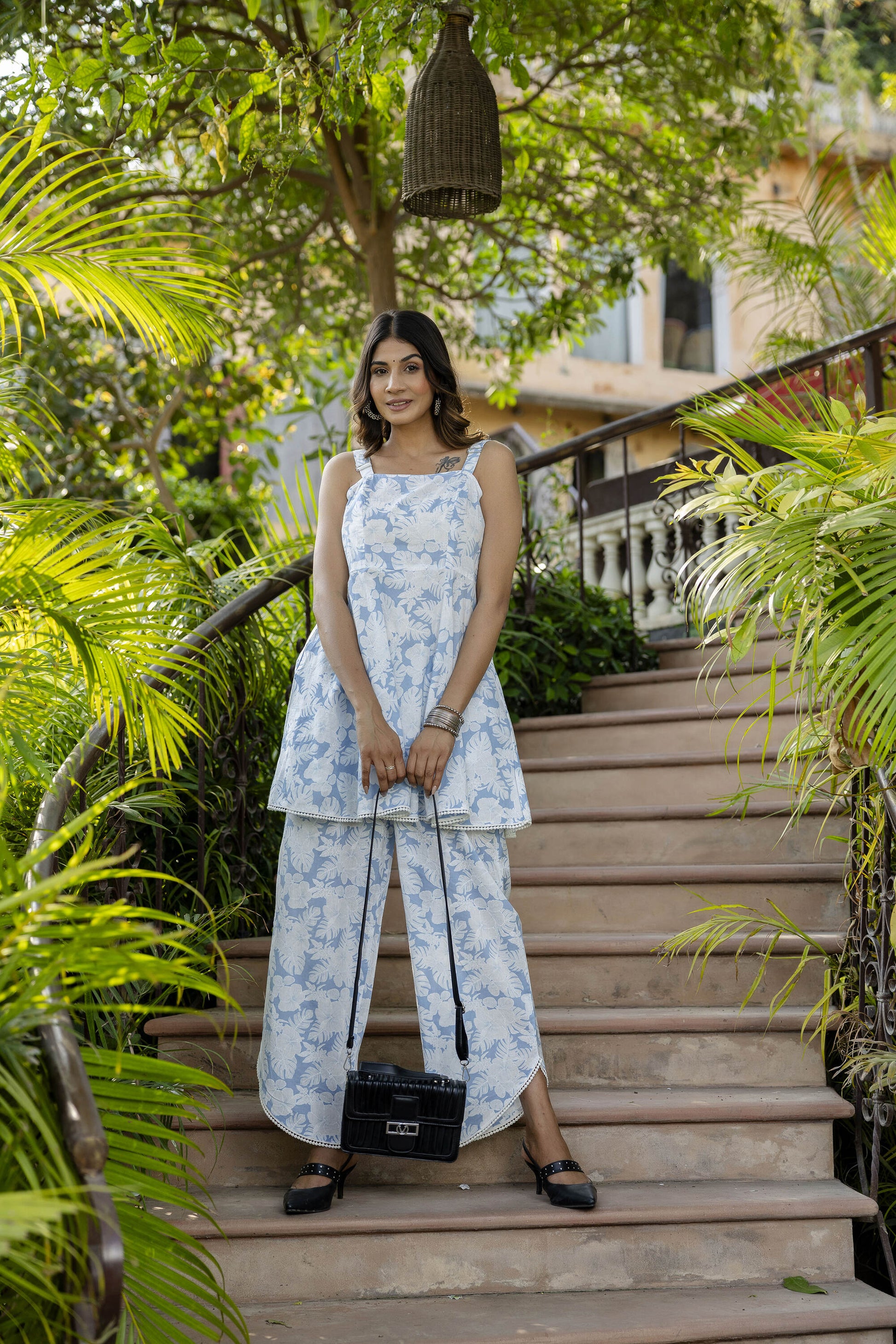 Women Blue Abstract Printed Peplum Top With Pant | LASVINI - Redefining Indian Fashion with Elegance