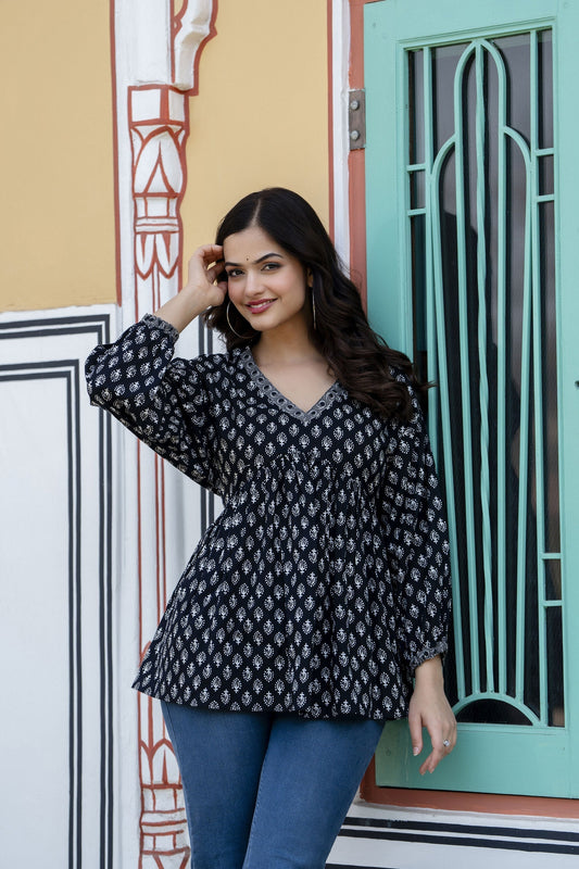 Women Black Printed V-Neck Peplum Tunic | LASVINI - Redefining Indian Fashion with Elegance