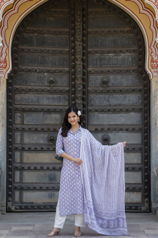 Women Purple Printed Straight Kurta And Trouser With Dupatta | LASVINI - Redefining Indian Fashion with Elegance