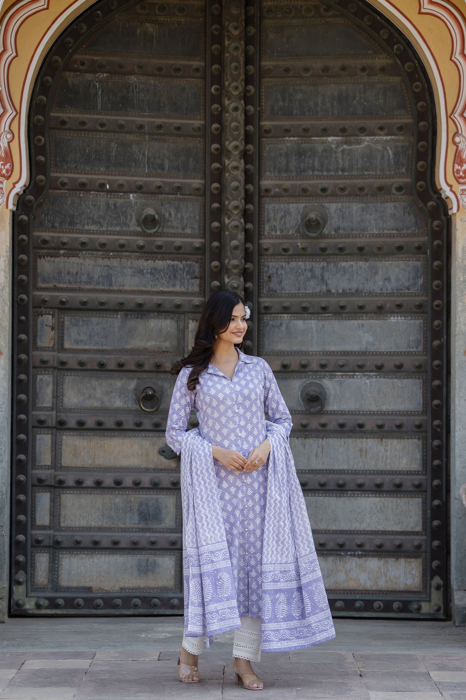 Women Purple Printed Straight Kurta And Trouser With Dupatta | LASVINI - Redefining Indian Fashion with Elegance