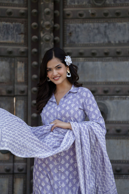 Women Purple Printed Straight Kurta And Trouser With Dupatta | LASVINI - Redefining Indian Fashion with Elegance