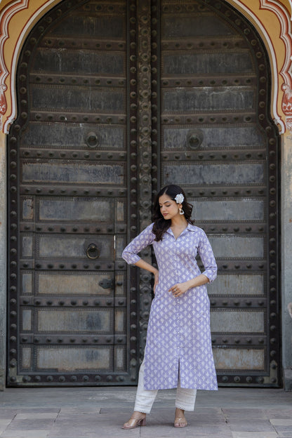 Women Purple Printed Straight Kurta And Trouser With Dupatta | LASVINI - Redefining Indian Fashion with Elegance