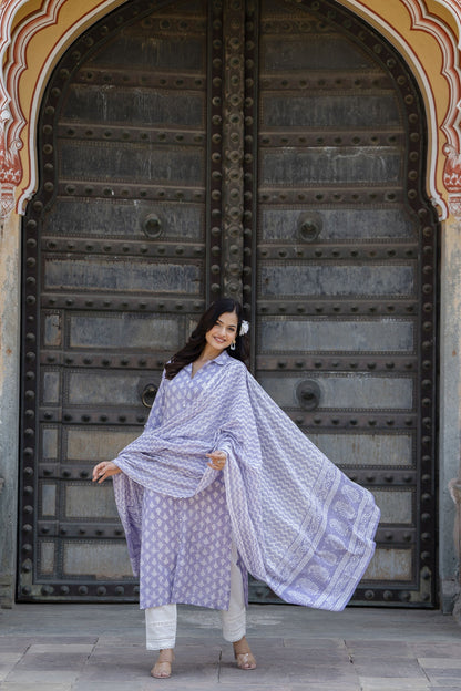 Women Purple Printed Straight Kurta And Trouser With Dupatta | LASVINI - Redefining Indian Fashion with Elegance