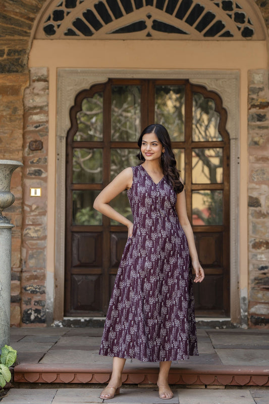 Women Burgundy Abstract Printed Sleeveless Midi Dress | LASVINI - Redefining Indian Fashion with Elegance