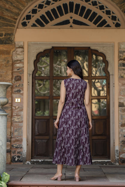 Women Burgundy Abstract Printed Sleeveless Midi Dress | LASVINI - Redefining Indian Fashion with Elegance
