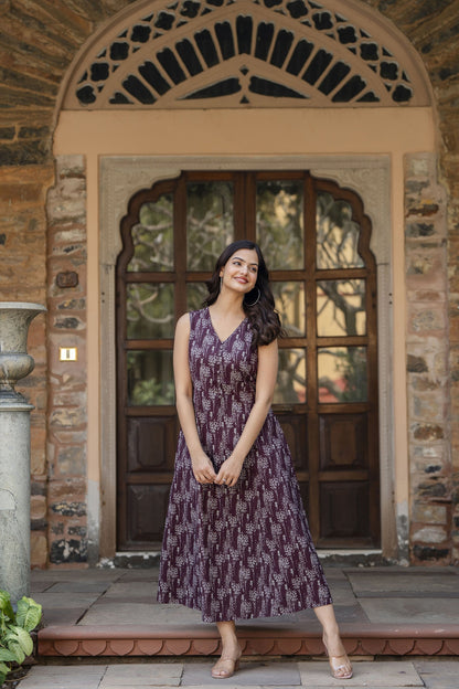 Women Burgundy Abstract Printed Sleeveless Midi Dress | LASVINI - Redefining Indian Fashion with Elegance