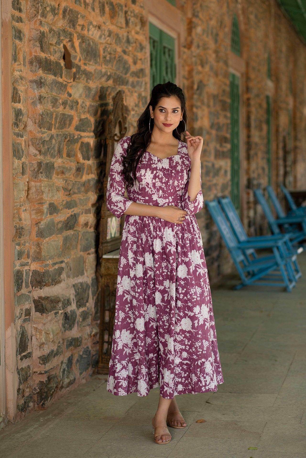 Women Mauve Ethnic Printed Flared Dress | LASVINI - Redefining Indian Fashion with Elegance