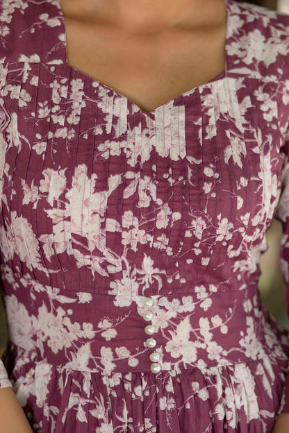 Women Mauve Ethnic Printed Flared Dress | LASVINI - Redefining Indian Fashion with Elegance