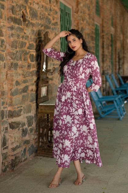 Women Mauve Ethnic Printed Flared Dress | LASVINI - Redefining Indian Fashion with Elegance