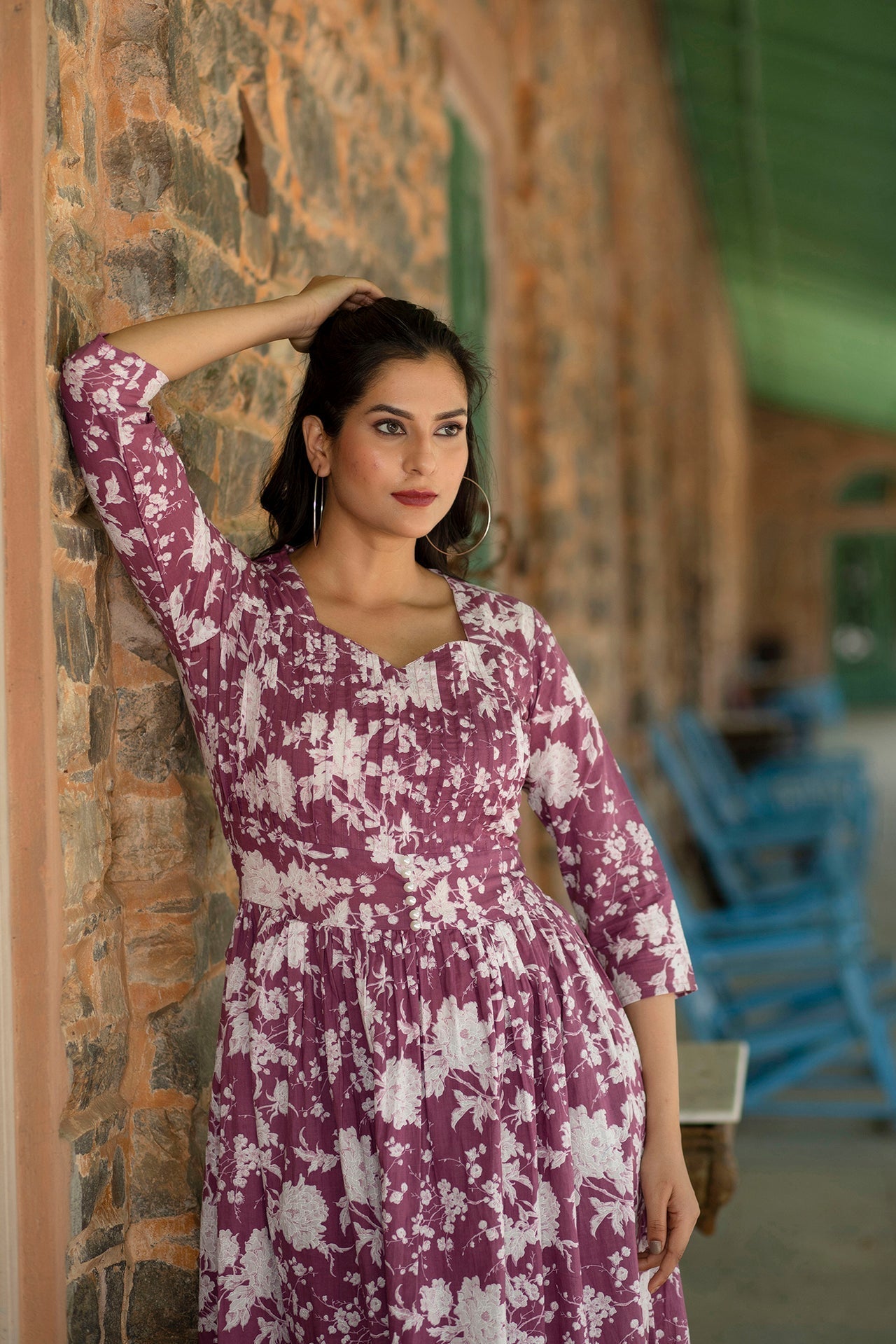 Women Mauve Ethnic Printed Flared Dress | LASVINI - Redefining Indian Fashion with Elegance