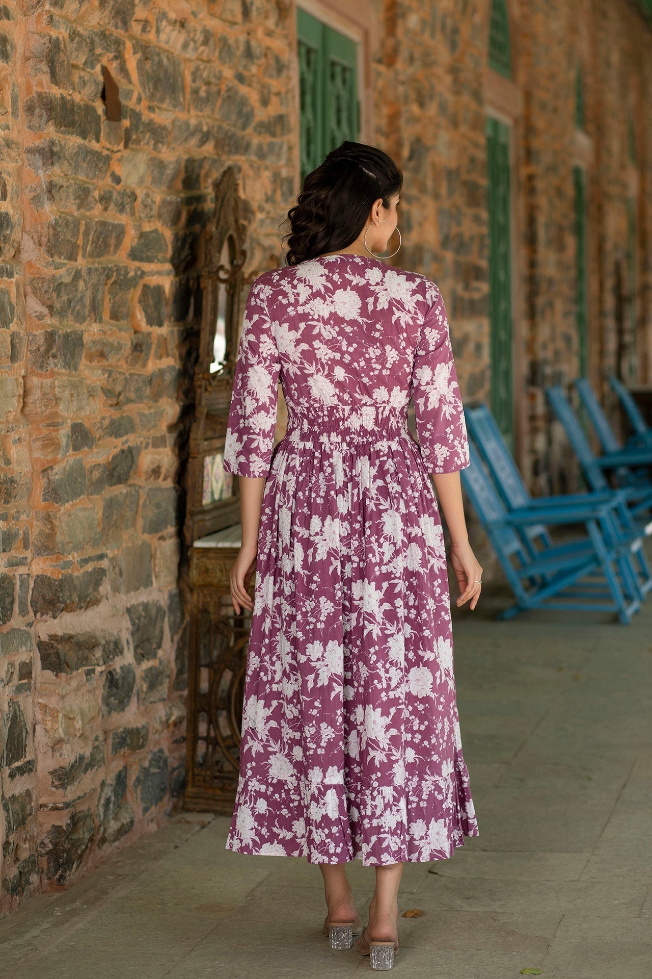 Women Mauve Ethnic Printed Flared Dress | LASVINI - Redefining Indian Fashion with Elegance