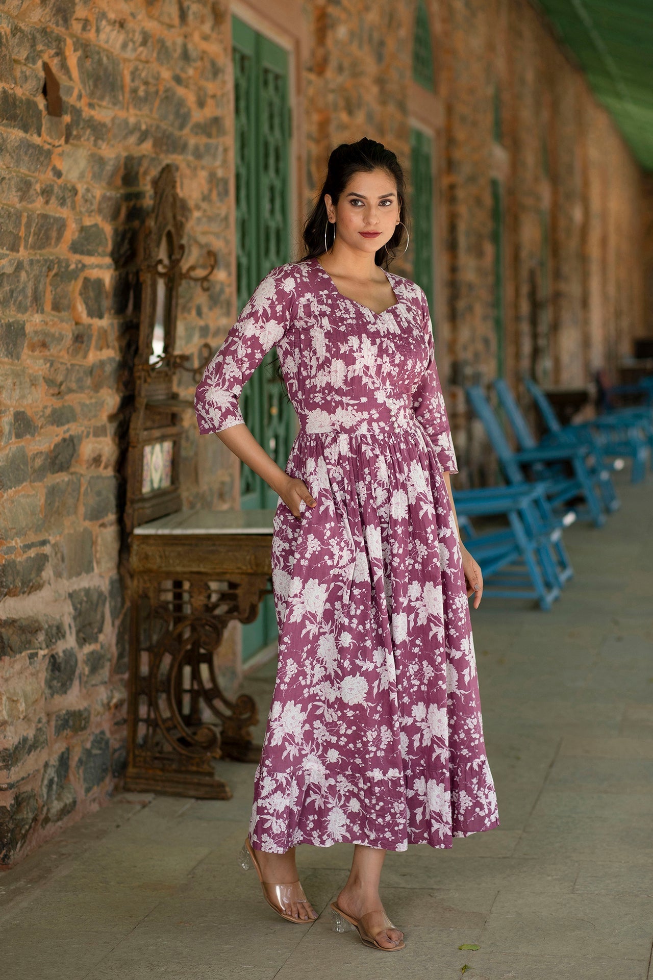 Women Mauve Ethnic Printed Flared Dress | LASVINI - Redefining Indian Fashion with Elegance