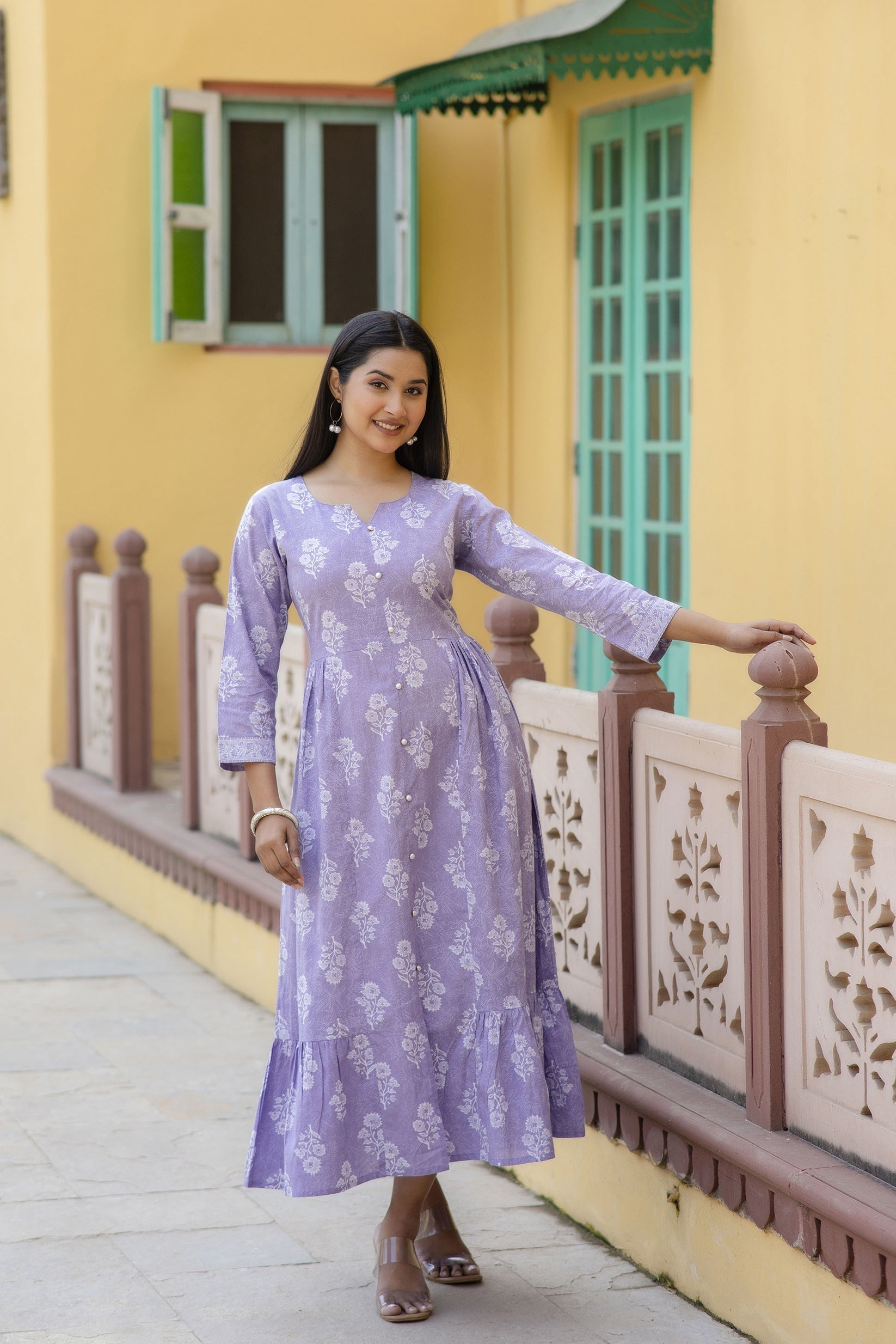 Women Purple Ethnic Printed Flared Dress | LASVINI - Redefining Indian Fashion with Elegance