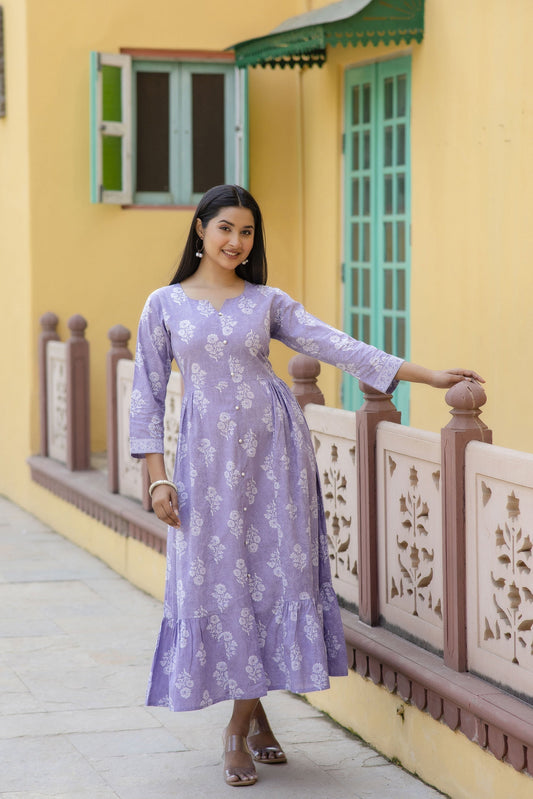 Women Purple Ethnic Printed Flared Dress | LASVINI - Redefining Indian Fashion with Elegance