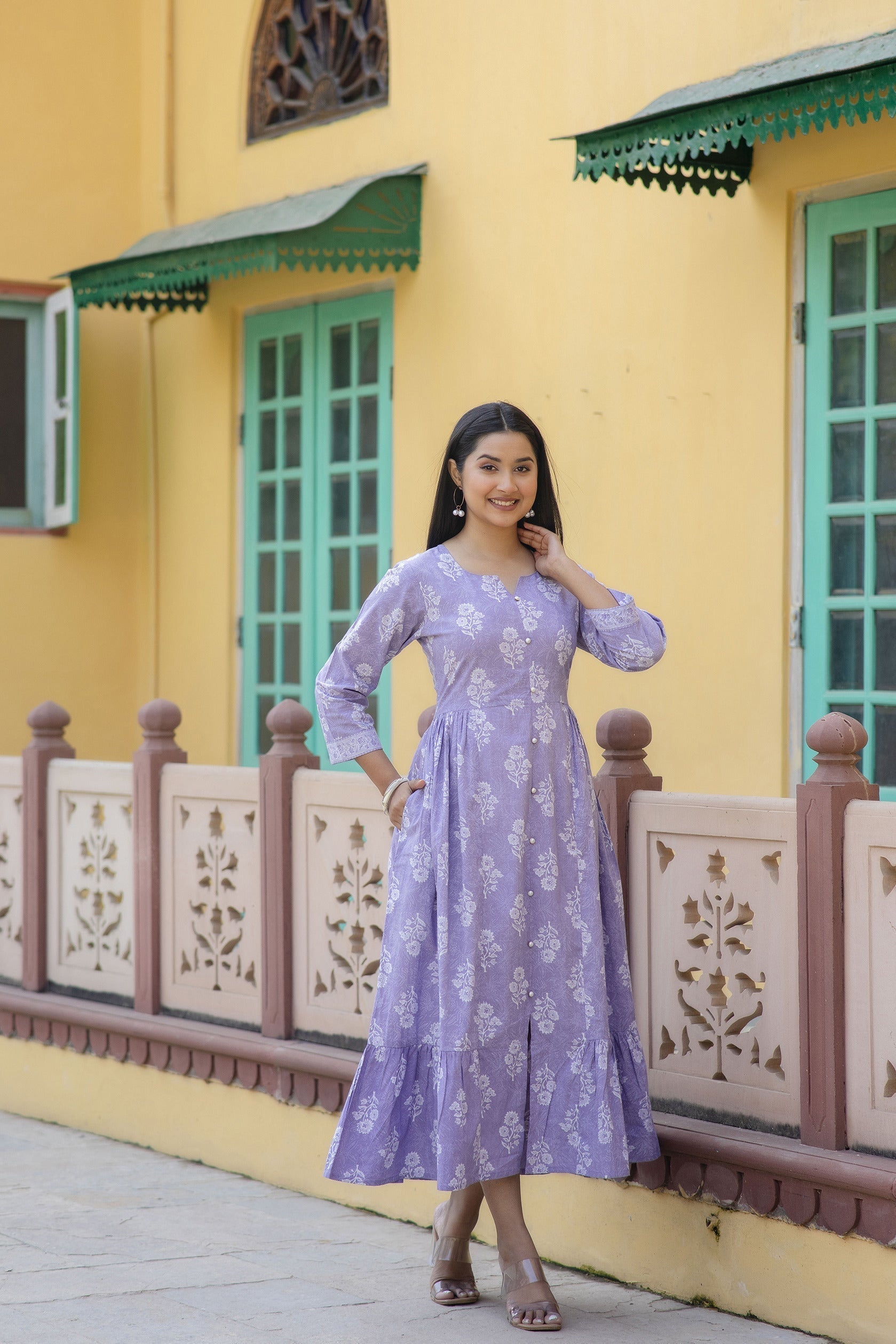Women Purple Ethnic Printed Flared Dress | LASVINI - Redefining Indian Fashion with Elegance