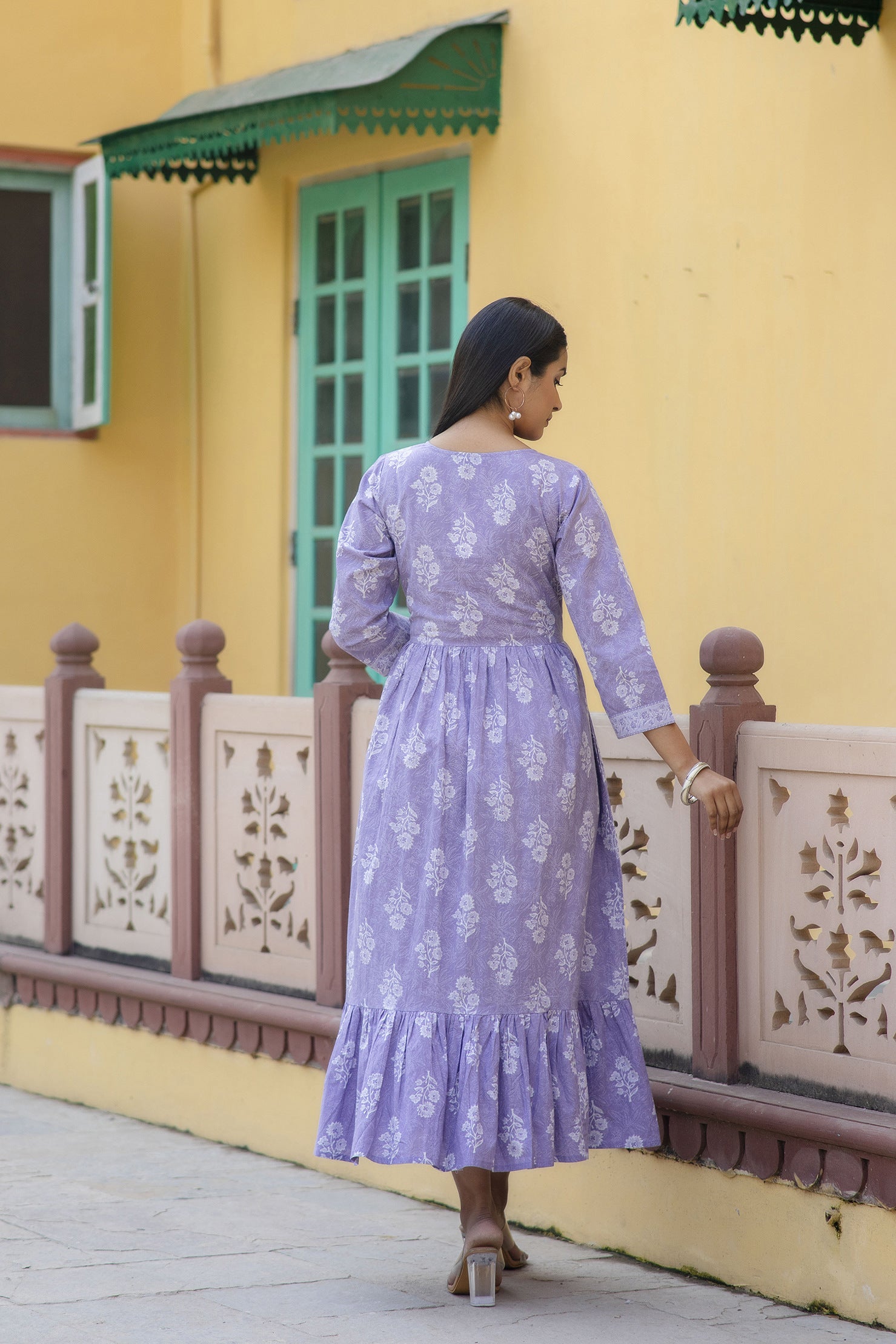 Women Purple Ethnic Printed Flared Dress | LASVINI - Redefining Indian Fashion with Elegance