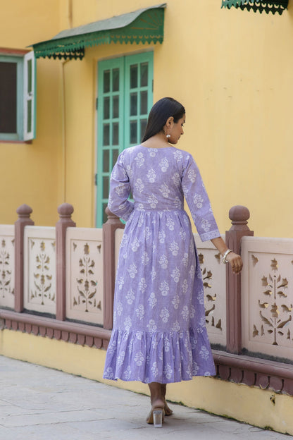 Women Purple Ethnic Printed Flared Dress | LASVINI - Redefining Indian Fashion with Elegance