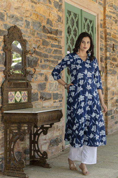 Women Blue Ethnic Printed A-Line Kurta With Three Quarter Sleeves | LASVINI - Redefining Indian Fashion with Elegance