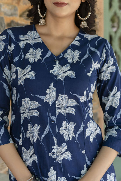 Women Blue Ethnic Printed A-Line Kurta With Three Quarter Sleeves | LASVINI - Redefining Indian Fashion with Elegance