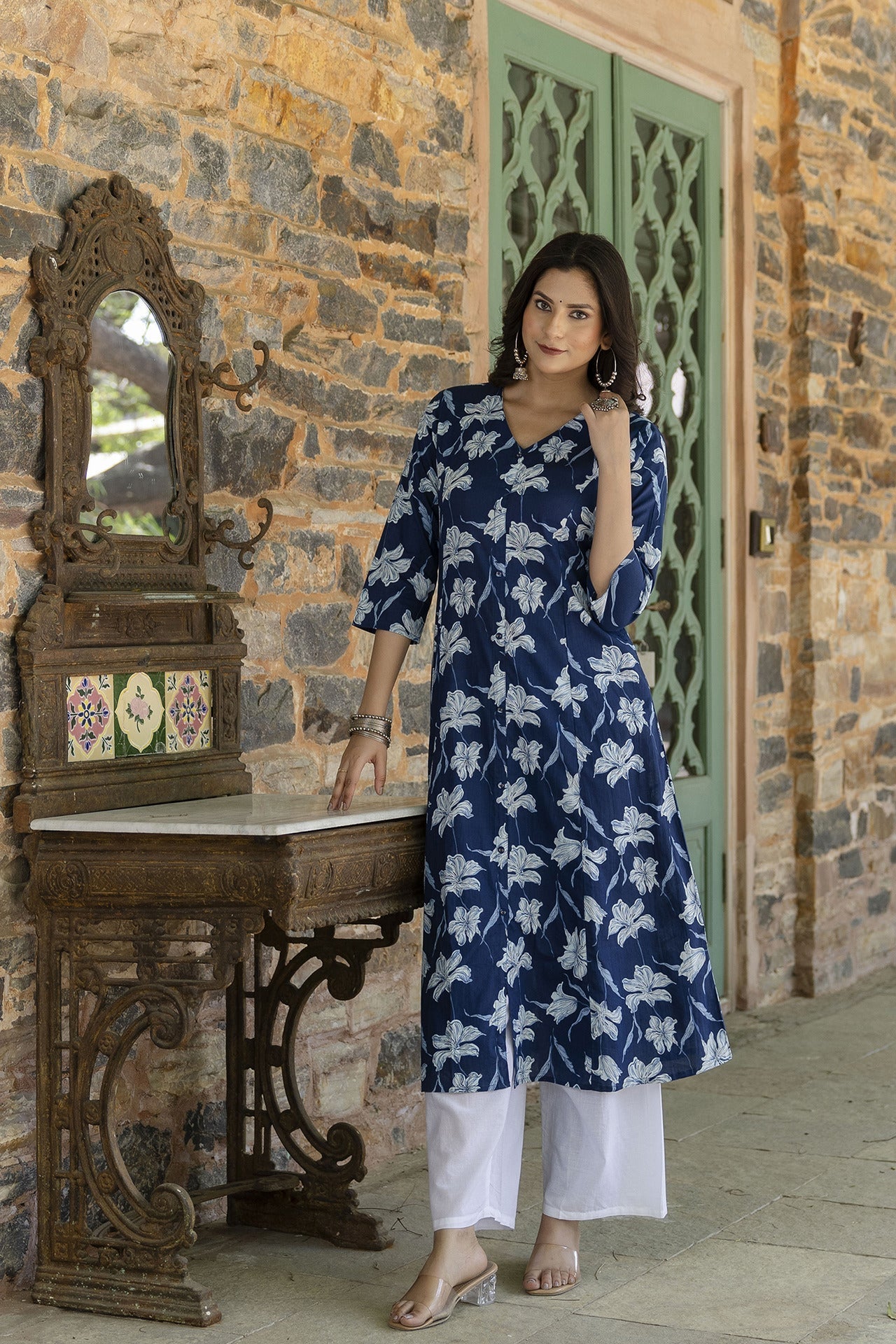 Women Blue Ethnic Printed A-Line Kurta With Three Quarter Sleeves | LASVINI - Redefining Indian Fashion with Elegance