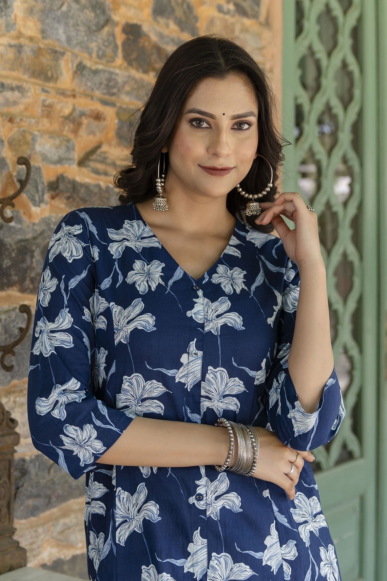 Women Blue Ethnic Printed A-Line Kurta With Three Quarter Sleeves | LASVINI - Redefining Indian Fashion with Elegance