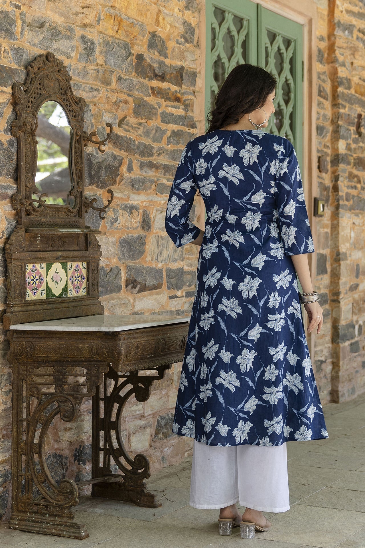 Women Blue Ethnic Printed A-Line Kurta With Three Quarter Sleeves | LASVINI - Redefining Indian Fashion with Elegance