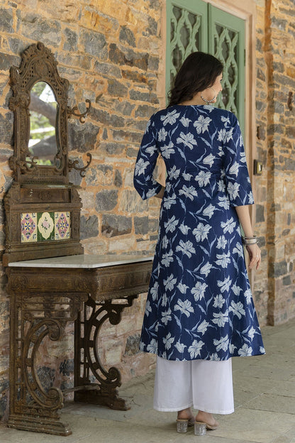Women Blue Ethnic Printed A-Line Kurta With Three Quarter Sleeves | LASVINI - Redefining Indian Fashion with Elegance