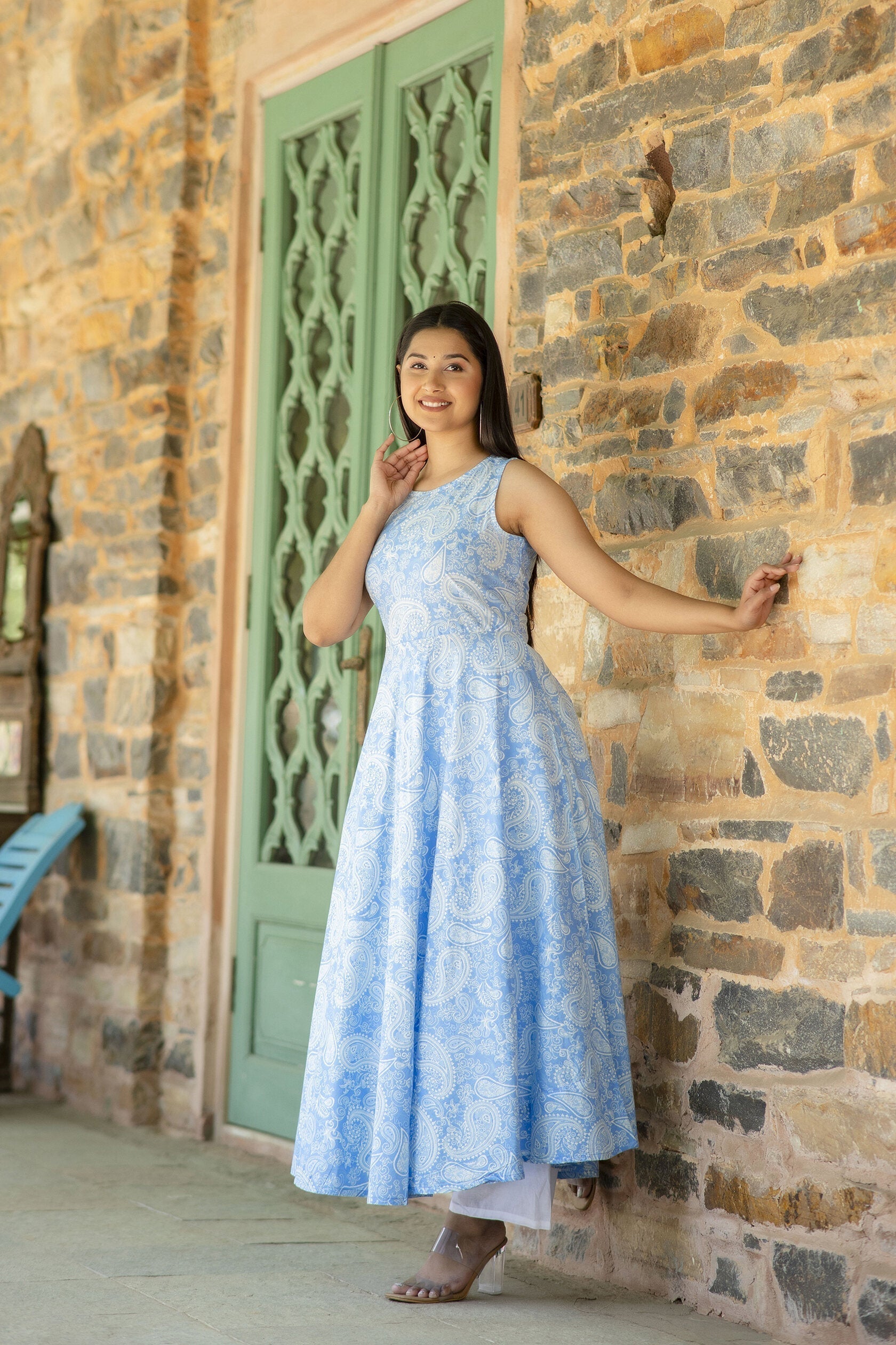 Women Blue Bandhani Printed Sleeveless Kurta | LASVINI - Redefining Indian Fashion with Elegance