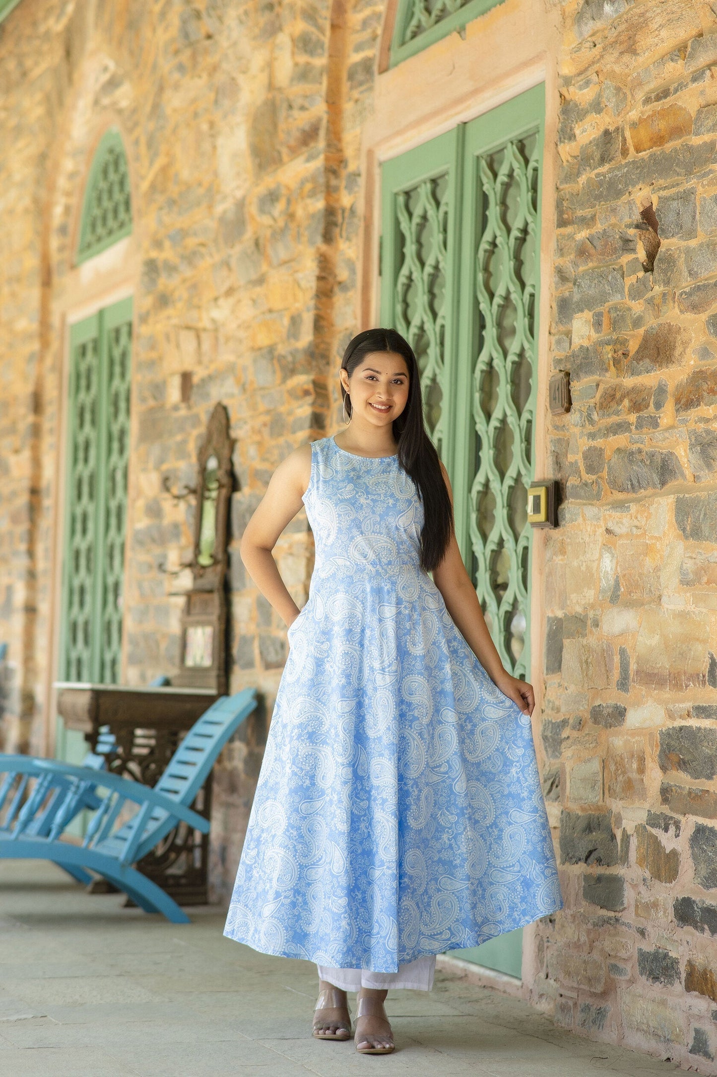 Women Blue Bandhani Printed Sleeveless Kurta | LASVINI - Redefining Indian Fashion with Elegance
