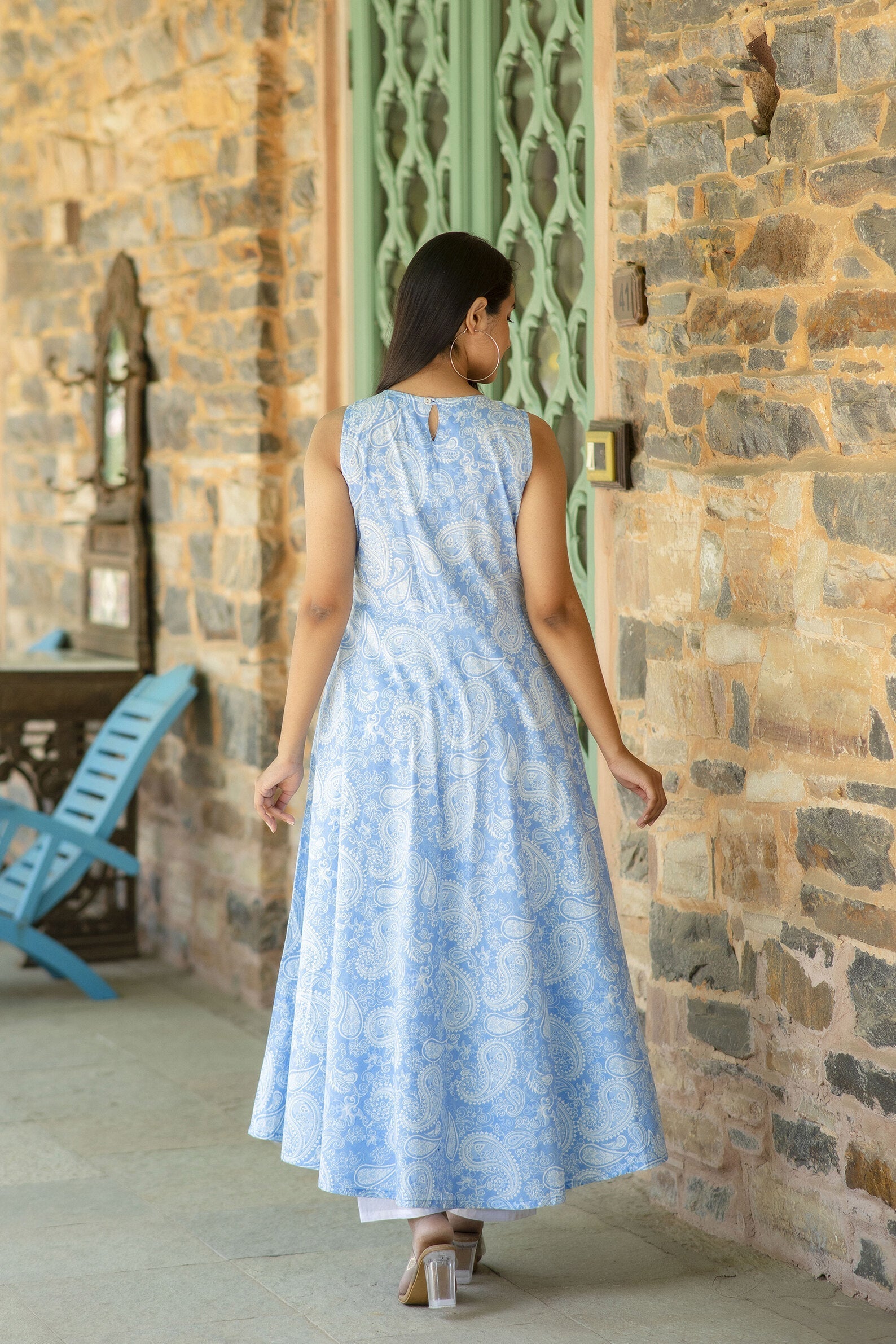 Women Blue Bandhani Printed Sleeveless Kurta | LASVINI - Redefining Indian Fashion with Elegance