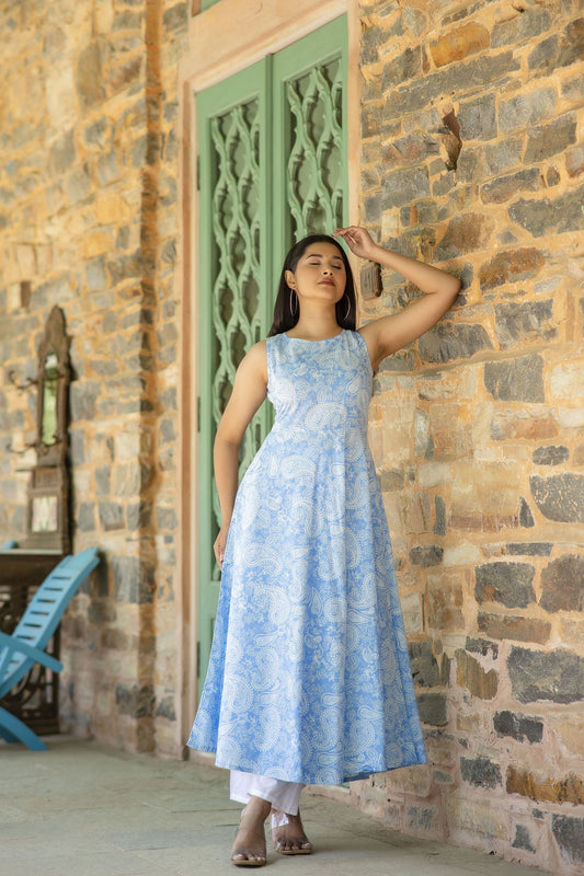 Women Blue Bandhani Printed Sleeveless Kurta | LASVINI - Redefining Indian Fashion with Elegance
