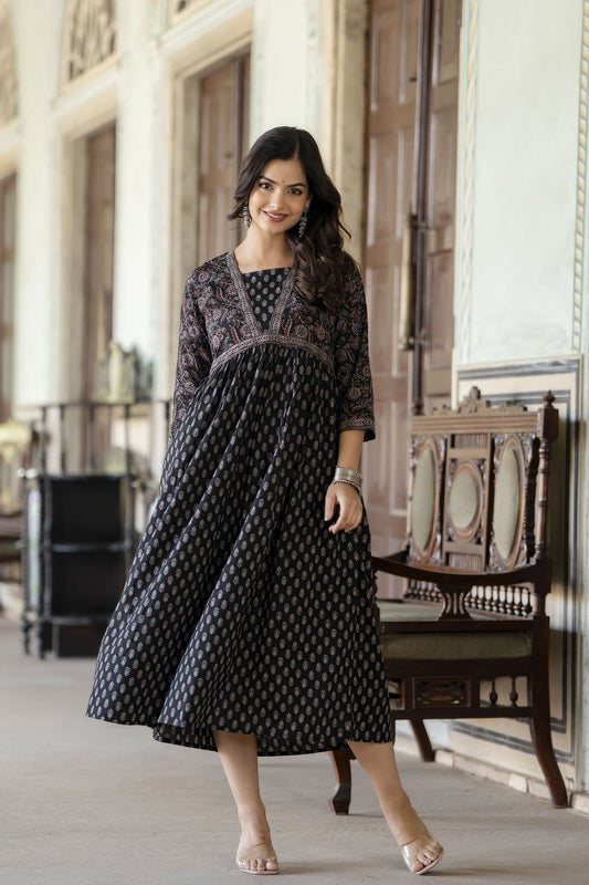 Women Black Ethnic Printed Flared Dress | LASVINI - Redefining Indian Fashion with Elegance