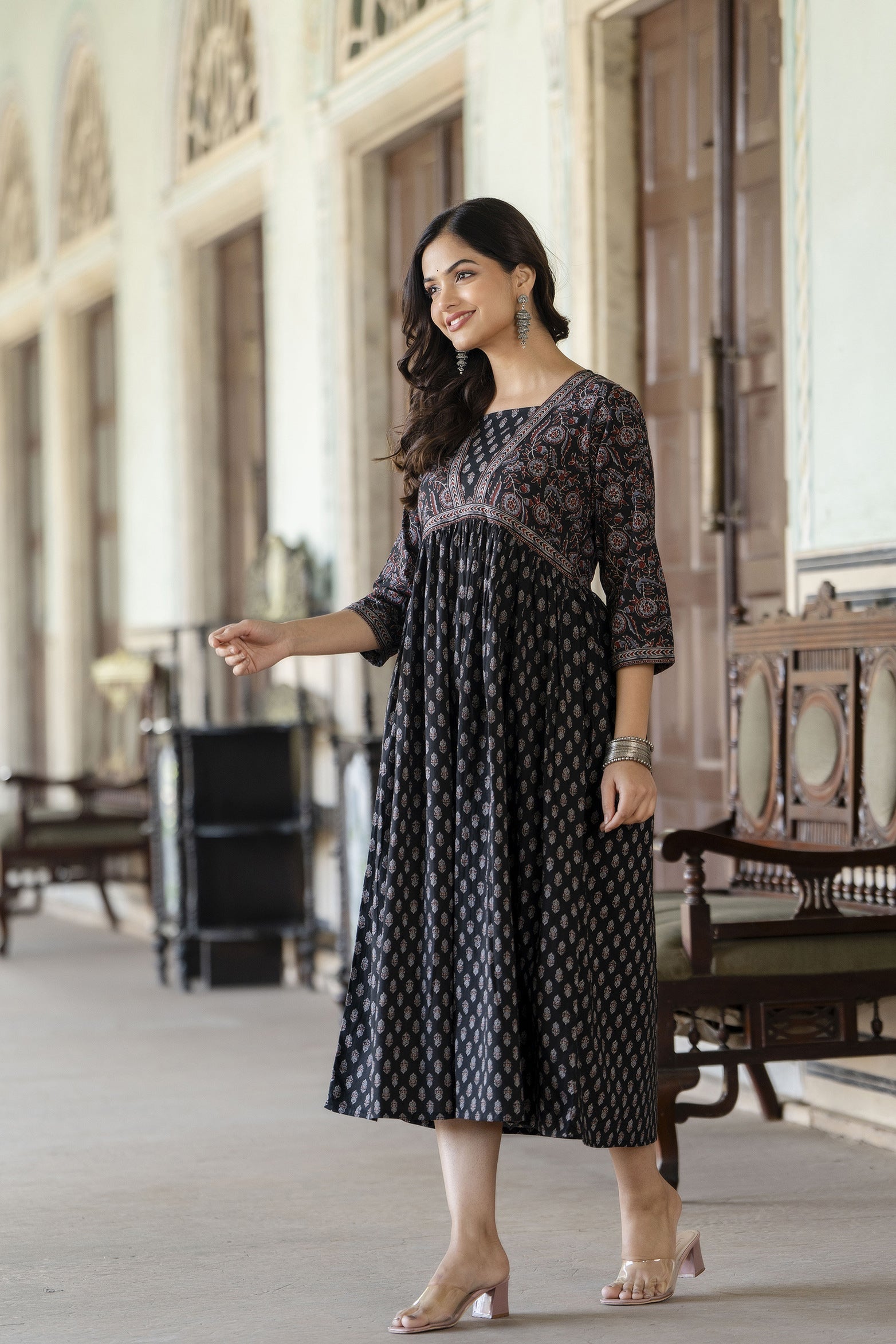 Women Black Ethnic Printed Flared Dress | LASVINI - Redefining Indian Fashion with Elegance