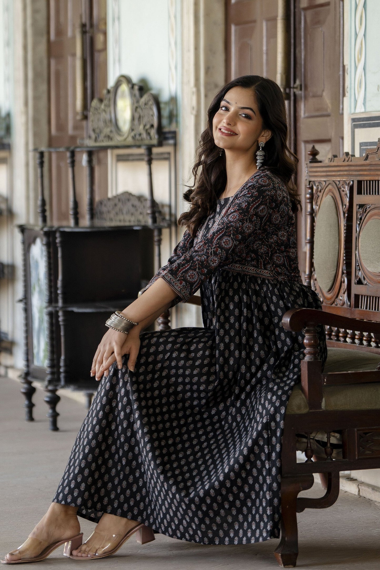Women Black Ethnic Printed Flared Dress | LASVINI - Redefining Indian Fashion with Elegance