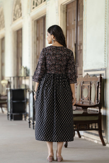 Women Black Ethnic Printed Flared Dress | LASVINI - Redefining Indian Fashion with Elegance