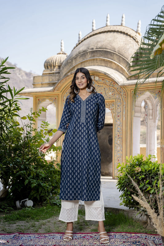 Women Blue Ethnic Printed Straight Kurta With Three Quarter Sleeves | LASVINI - Redefining Indian Fashion with Elegance