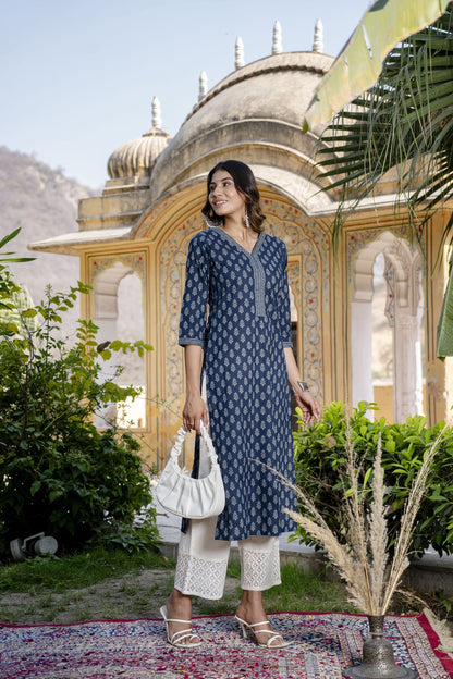 Women Blue Ethnic Printed Straight Kurta With Three Quarter Sleeves | LASVINI - Redefining Indian Fashion with Elegance