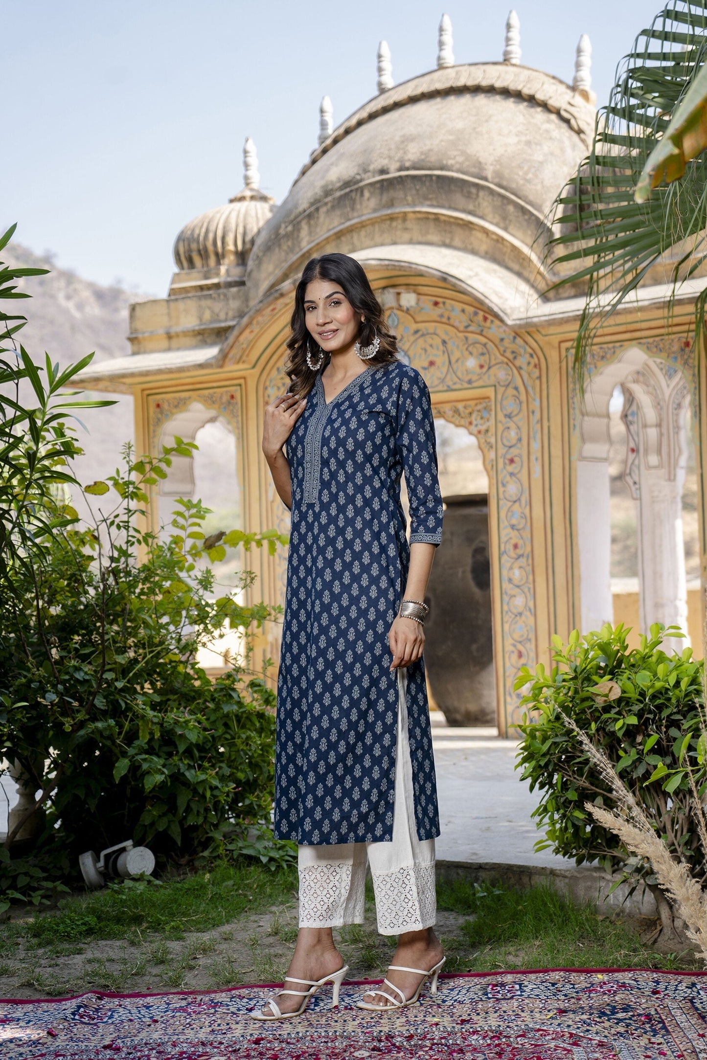Women Blue Ethnic Printed Straight Kurta With Three Quarter Sleeves | LASVINI - Redefining Indian Fashion with Elegance