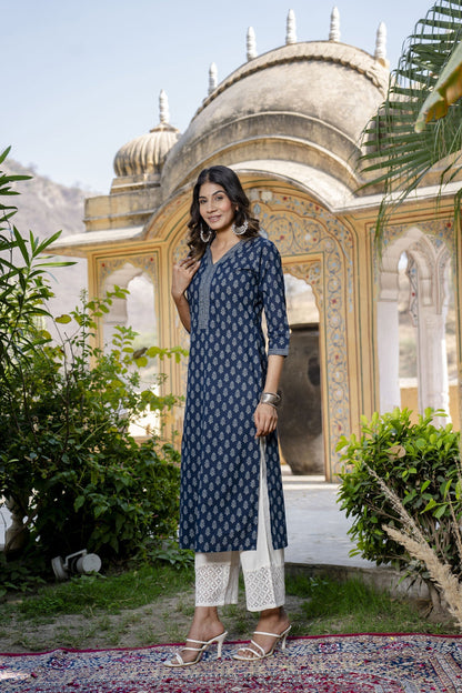 Women Blue Ethnic Printed Straight Kurta With Three Quarter Sleeves | LASVINI - Redefining Indian Fashion with Elegance