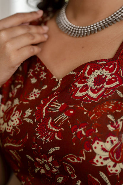 Women Rust Floral Printed Straight Kurta With Trouser And Dupatta | LASVINI - Redefining Indian Fashion with Elegance