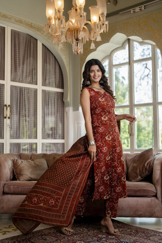 Women Rust Floral Printed Straight Kurta With Trouser And Dupatta | LASVINI - Redefining Indian Fashion with Elegance