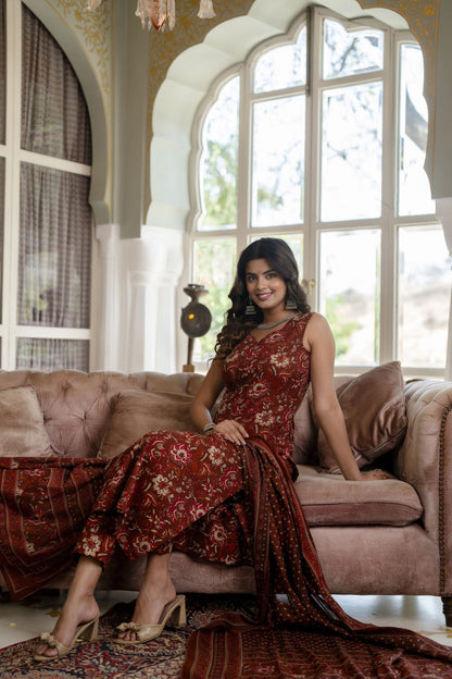 Women Rust Floral Printed Straight Kurta With Trouser And Dupatta | LASVINI - Redefining Indian Fashion with Elegance